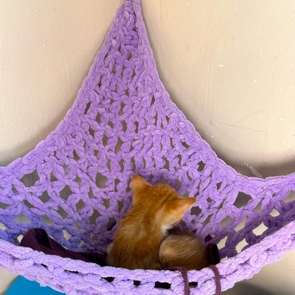 Purple crochet cat resting hang