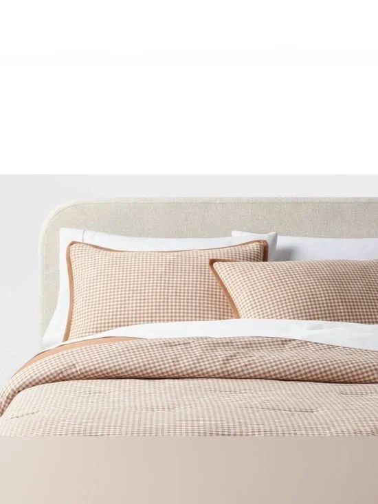 THRESHOLD NWT 3pc Mini Gingham Comforter & Sham Set -Camel -full/queen
