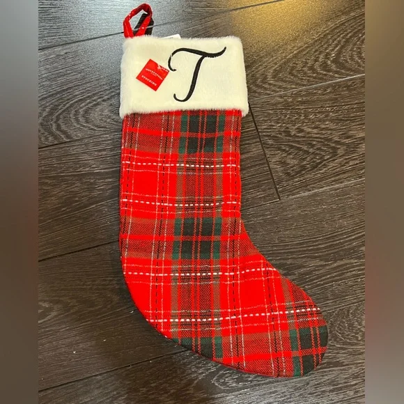 LETTER T WONDERSHOP TARGET Plaid RED CHRISTMAS STOCKING MONOGRAM RED 18