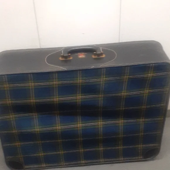 Vtg LEED'S Canvas Luggage SUITCASE PLAID NAVY