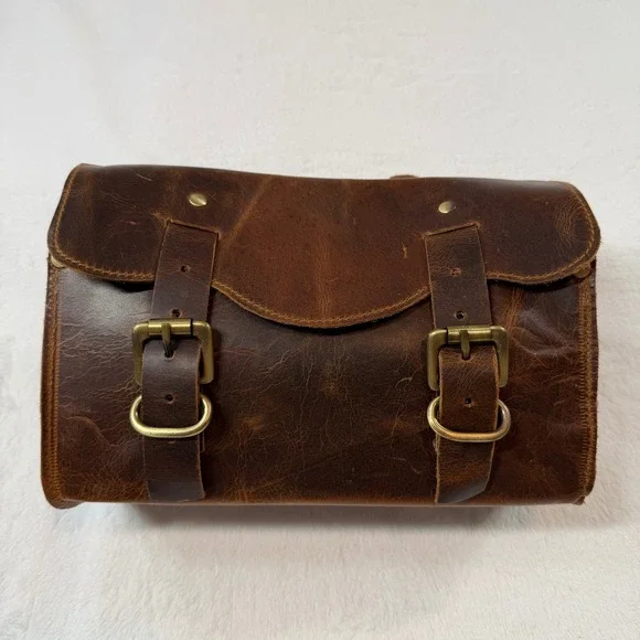 Unbranded Leather Handlebar Tool Bag Brown Good Distressed Buckle Moto Accessory