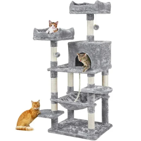 58-in Cat Tree & Condo Scratching Post Tower, Gray