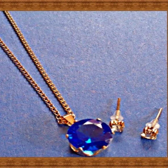 Gold Tone Necklace With Blue Crystals & Clear Crystal Stud Earrings For Kids