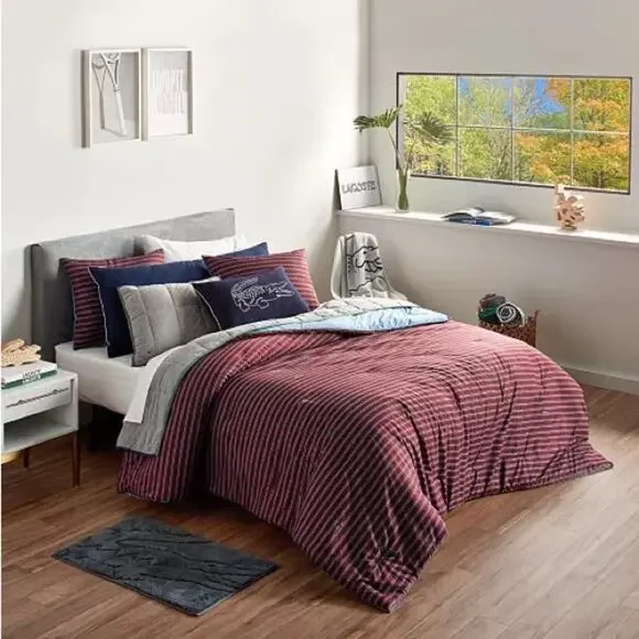LACOSTE Burgundy Red Light Blue Stripe Comforter Throw Pillow Queen Bedding Set