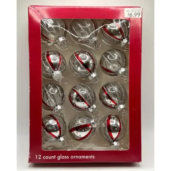 Vintage 2005 Mini Glass Ball Christmas Ornaments 12 Count Silver & Red Target