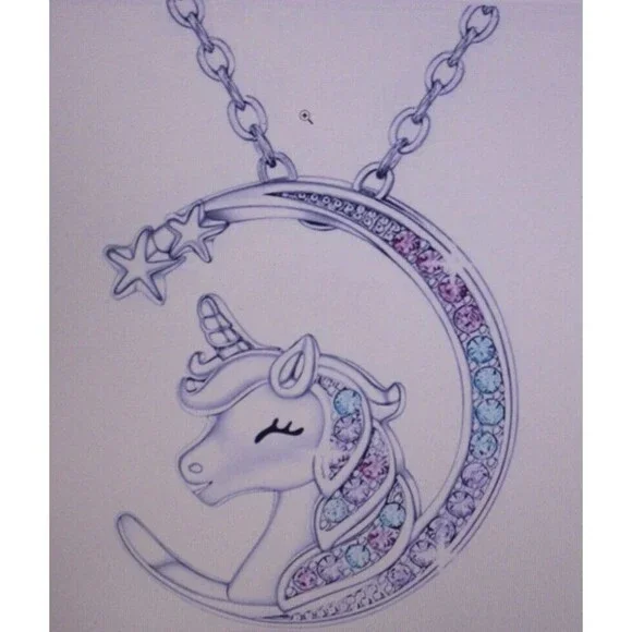 Unicorn In Moon Colorful Rhinestone Pendant Necklace Silver 20