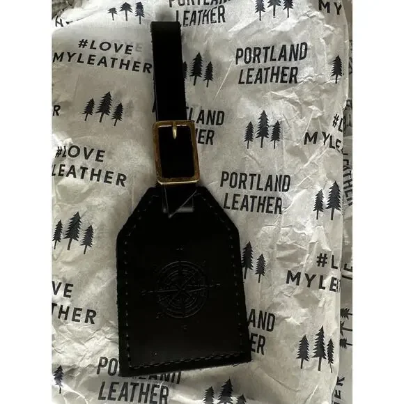 New Portland Leather Goods Luggage Tag Black Leather Brass Hardware NWOT