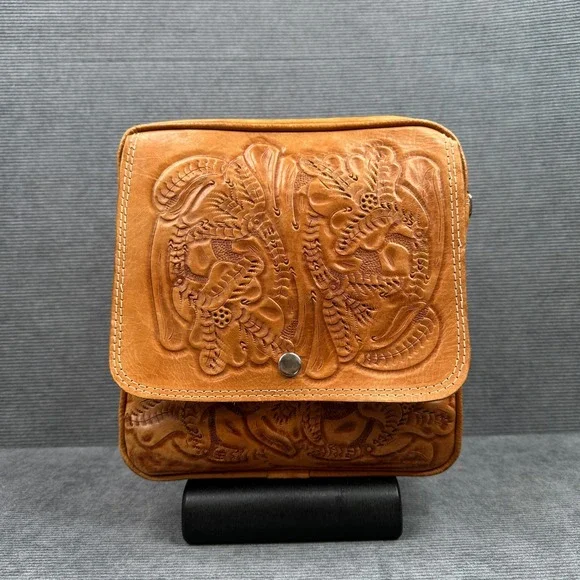 Vintage Hand Tooled Leather Duffel Bag Tan Floral Western Travel Weekender Bag