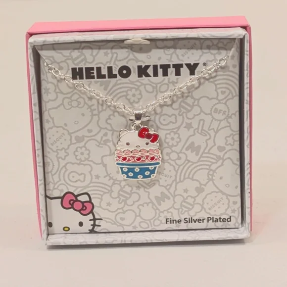 Hello Kitty Cupcake Pendant with Chain NIB Silver Plated