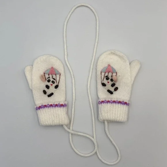 Vtg Baby‎ Mittens with String | Panda, Balloon, Parachute | 1980s 100% Acrylic
