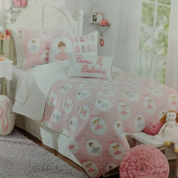Ballerina Pink Bow Ribbon White Full/Queen Quilt Only by Charles Street.