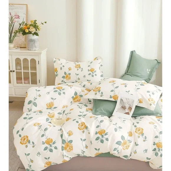 Boom Casa Yellow Green‎ Rose Floral 100% Cotton Reversible Comforter Set Queen