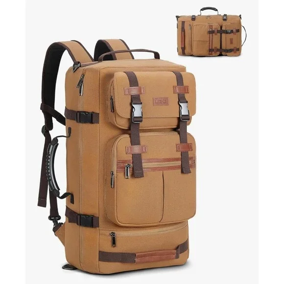 Leke 3-in-1 Convertible Travel Backpack‎ Khaki Canvas 17.3 Laptop Bag 21x14x8