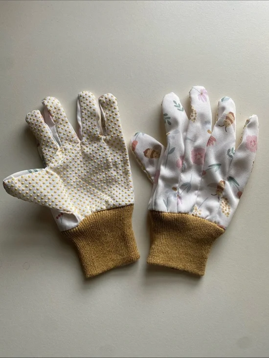Kids Floral Garden Gloves in Mustard Yellow - Cute Bee Print