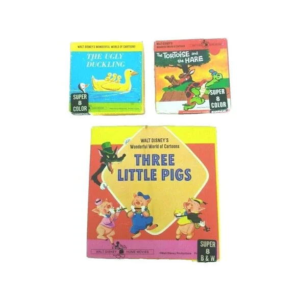 Walt Disney 8MM Film Lot-Ugly Duckling-The Tortoise & The Hare-Three Little Pigs