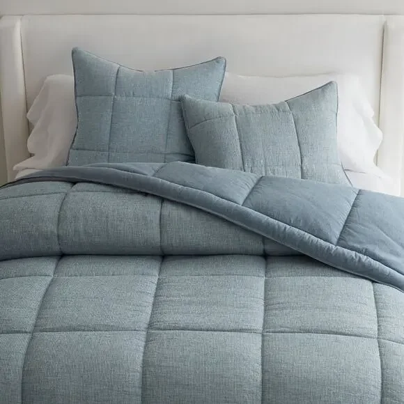 Pottery Barn European Flax Linen Waffle Comforter Chambray Blue King / Cal NEW