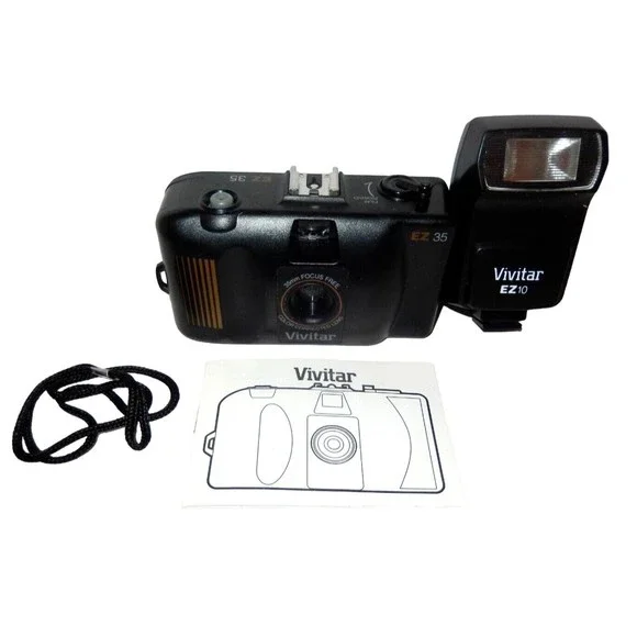 Vivitar EZ35 35mm Film Camera Point & Shoot Focus Free & EZ10 Flash Unit TESTED