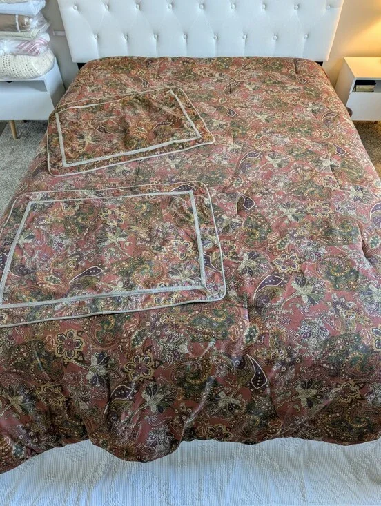 Chaps Home Rust Brown Satin Jacobean Botanic Queen Comforter Striped Reversed