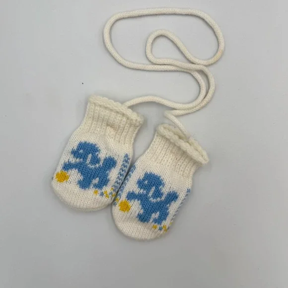 Vtg Knit Baby Mittens |‎ Blue Dog Motif | Infant Size | 1950-60s Era Mid-Century