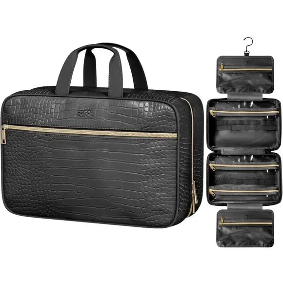 Leather Hanging Toiletry Bag for Men Women Spacious Toiletry Travel Bag Black