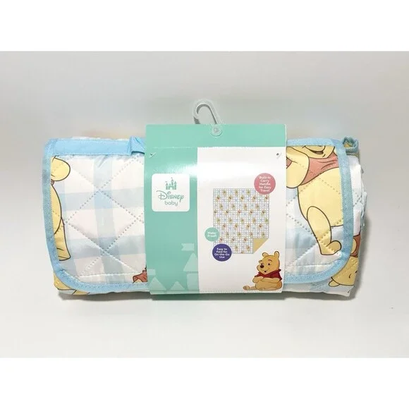 Disney Baby Winnie the Pooh Outdoor Picnic Blanket Gingham Blue Waterproof 50x60