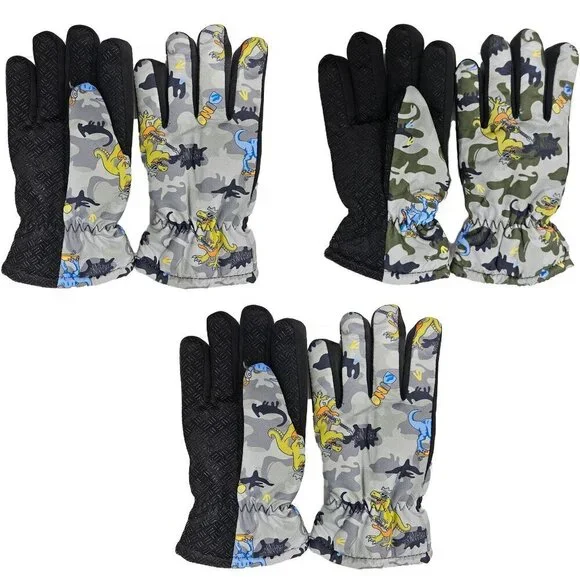 Kids Gloves Boys Girls Ski Winter Glove Faux Fur Lined Dinosaur Designs, 3-Pack
