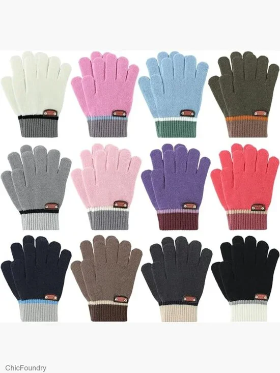 12 Pairs Kids Winter Gloves Knitted Full Fingers Stretchy Mittens for Girls Boys
