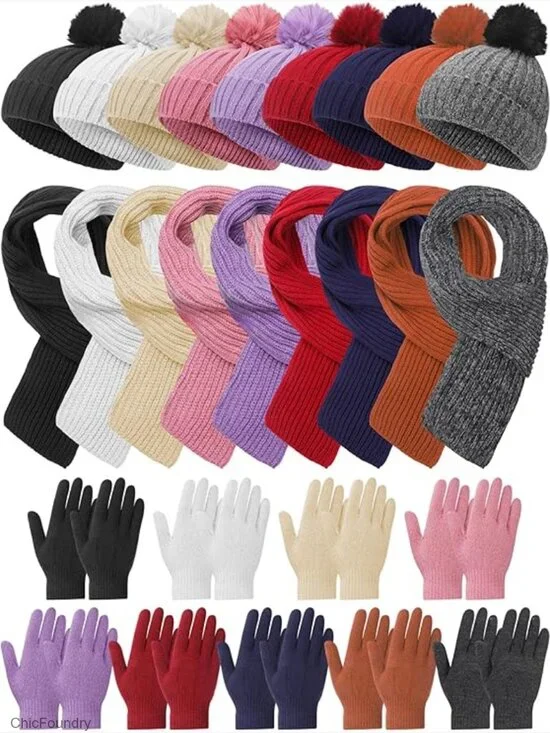 Kids Winter Hat Gloves Scarf Set Knit Pom Beanie Scarves Warm Set for 5-10 Boys
