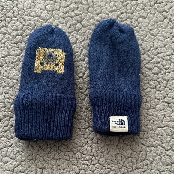 The North Face Kids Navy Blue Mittens with Gold Camera Graphic