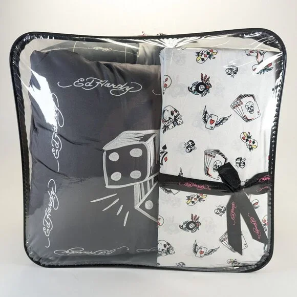 Ed Hardy King Cards Dice Skull Gray White Comforter Set Shams, Pillow, Sheets