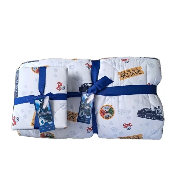 Pottery Barn Kids Polar Express Comforter & Sham Twin Holiday Train Bedding Set