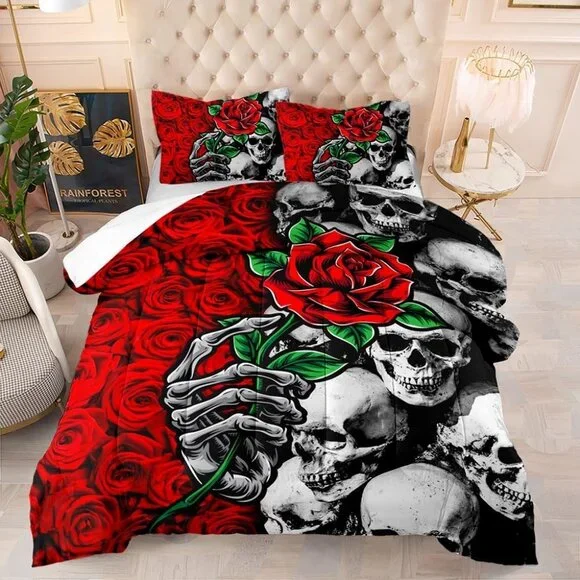 Roses Floral Skull Comforter Set Queen Sz