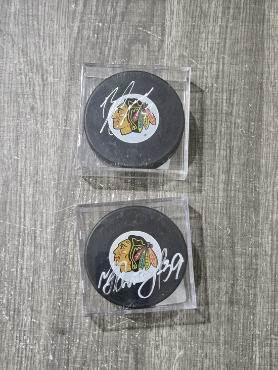 Black Chicago Blackhawks Autographed Hockey Pucks (Set of 2) Brian Campbell