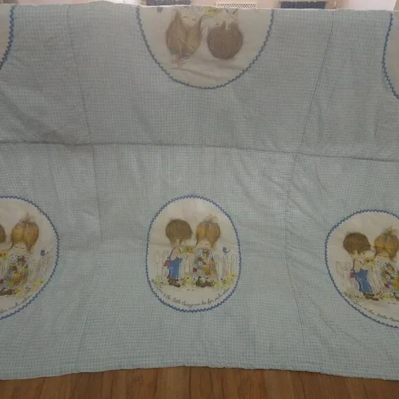 Vintage 70s Petticoats and Pantaloons Blue Gingham Quilt Comforter Full Size