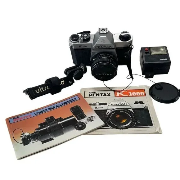Pentax K1000 35mm SLR Camera w/SMC Pentax-M 50mm f/1.2 Lens, flash & mini tripod
