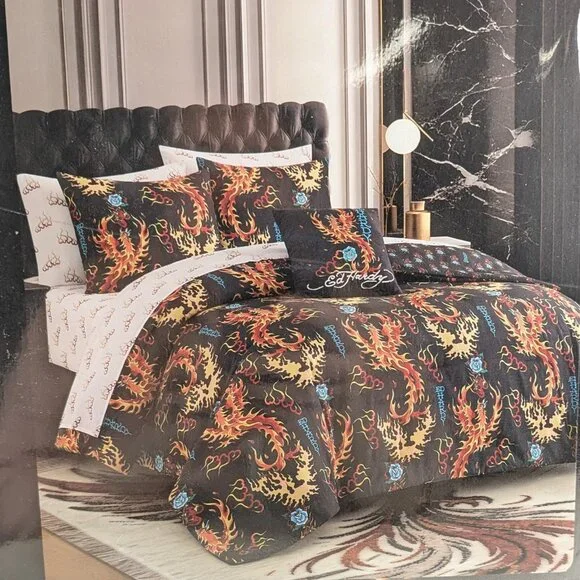 Ed Hardy Queen Roses Flames Black Comforter Set Shams, Pillow, Sheets