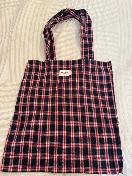 Octobre Navy Red Plaid Tote Bag