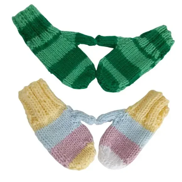 Vintage Handmade Crochet Mittens Kids 2pc Green Pastel Multi Stripe Winter Glove