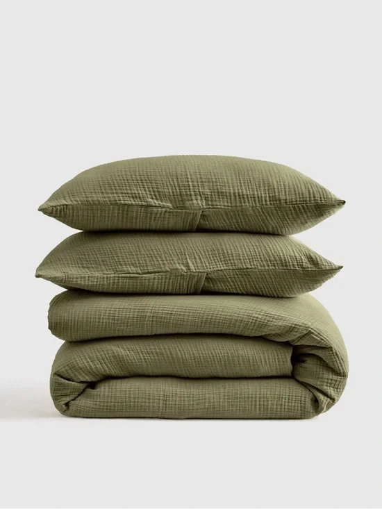 NWOT Airy Gauze Organic Cotton Olive Green Duvet Set King/CalKing 170 Retail