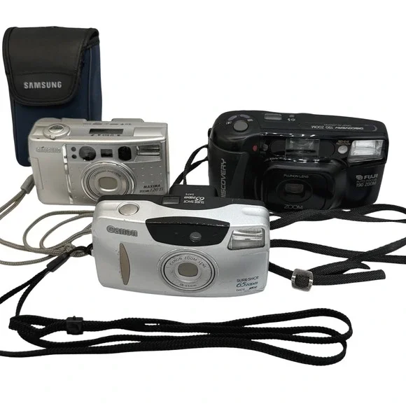 35mm Film Camera Lot Canon Sure Shot Samsung Maxima 120Ti Fuji Discovery PARTS