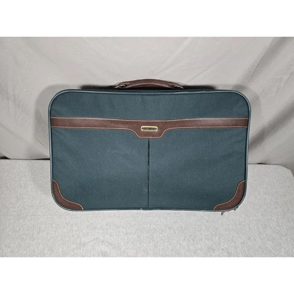 Vintage 80's Jaguar Luggage Suitcase Travel Bag Green Brown Leather Trim JCP