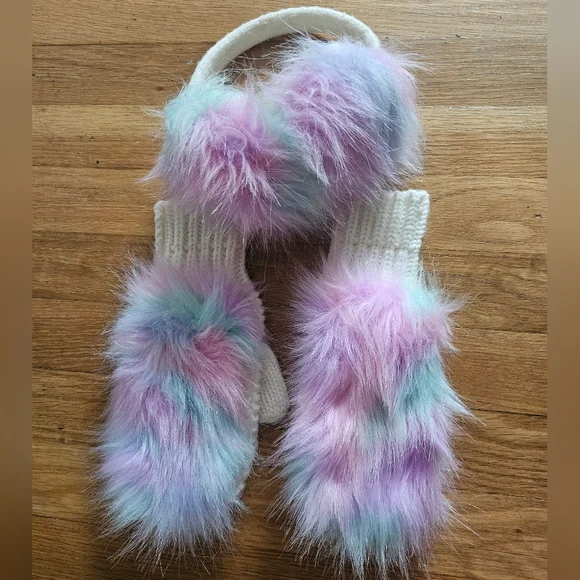 Capelli of New York Girl's Fluffy Cotton Candy Faux Fur Ear Muff & Mitten Set