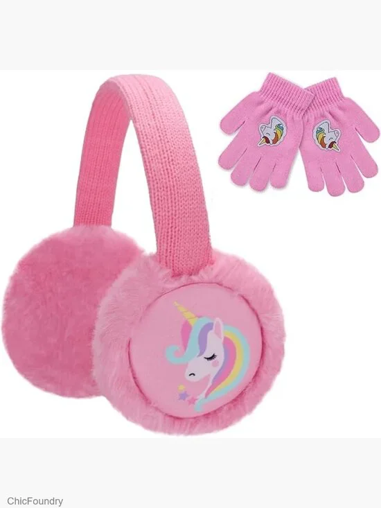 Kids Knit Unicorn Earmuffs and Gloves Set Plush Winter Ear Warmers Mittens