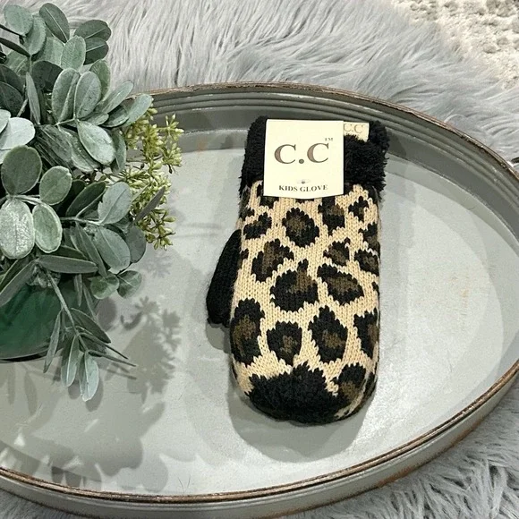 C.C 2-7 Years Children Girl Boy Kids Animal Leopard Ribbed Knit‎ Mitten Gloves
