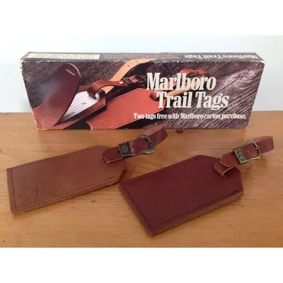 New NIB Vintage Pair of 80s 90s Marlboro Trail Leather Luggage Address Tags