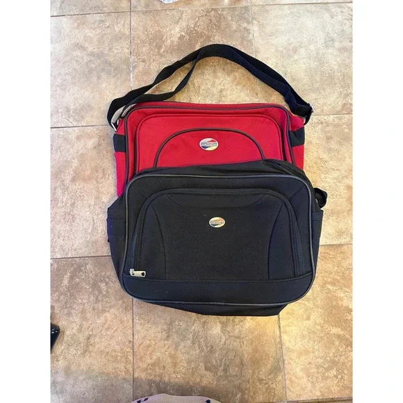 American Tourister Shoulder Bag Set 2 Pack Red Black Canvas Travel Messenger