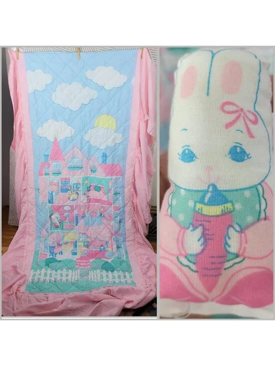 Vintage Bedkins Girls Ruffle Twin Comforter Coverlet Pink Plush Bunny Dollhouse