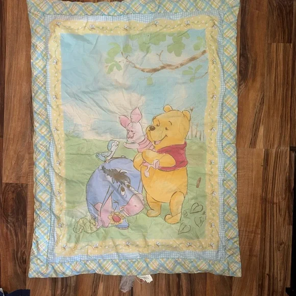 Vintage Winnie the Pooh Baby Blanket - Yellow, Blue, Green Pastel
