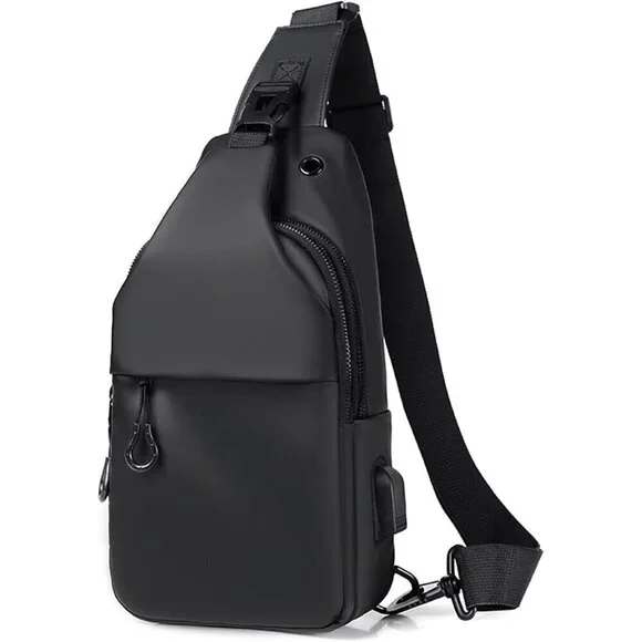 💫 Men Black Crossbody Bag Sling Waterproof USB Charging Port Headphone Backpack