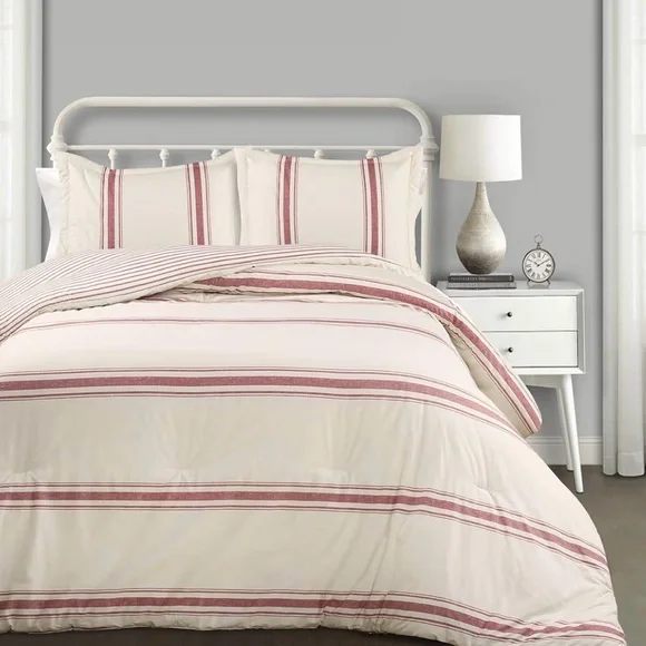 Lush Decor Farmhouse Stripe Reversible Comforter Set Full/Queen Red 3pc NEW